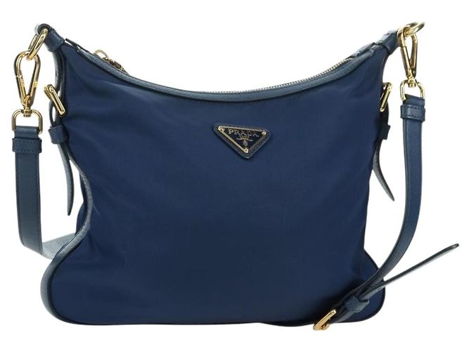 Bolsa de Ombro PRADA em Nylon e Couro Azul Dourado Auth ARZ849A
