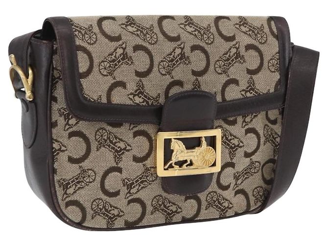 Céline Bolsa de Ombro Celine C Sulky em Lona Bege Dourada Auth 174468