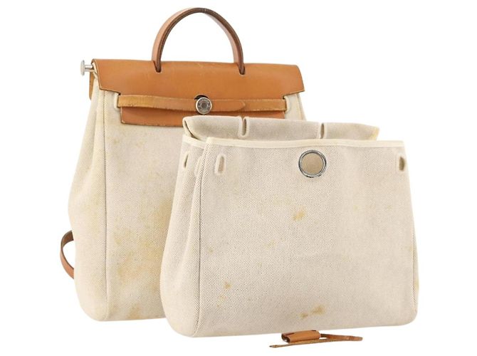 Hermès HERMES Herbag Ad PM Rucksack Canvas Leder 2in1 Beige Silber Auth 172481
