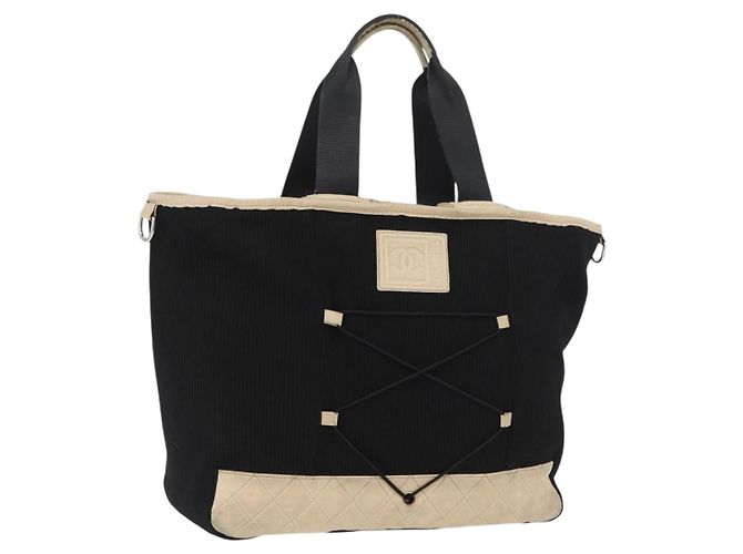 CHANEL Bolsa de Esporte em Lona Preta Prata CC Auth mr2244 Preto
