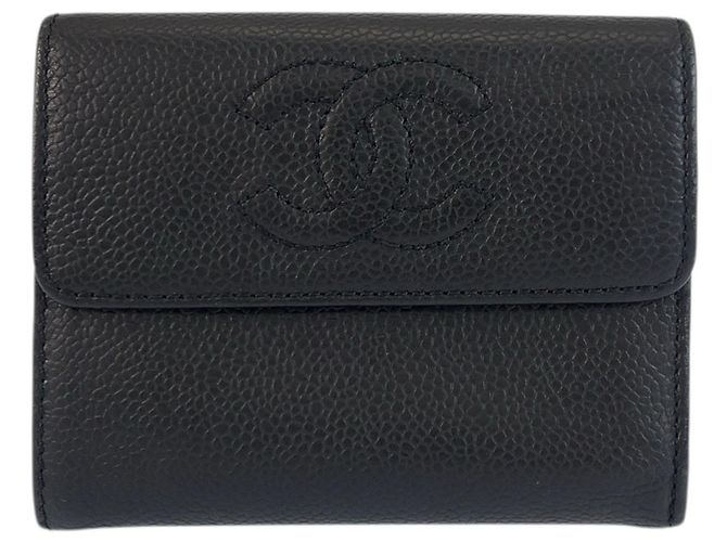 Chanel Coco Mark Black Leather Tri-Fold Wallet