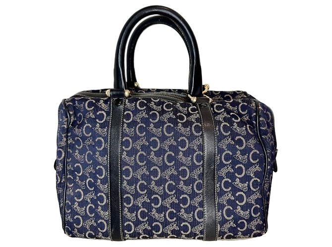 Céline Borsa Boston Celine in tela monogramma blu navy e pelle nera Nero