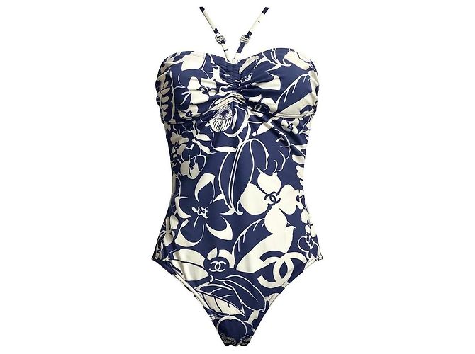 Chanel 2021 Coco Beach dunkelblauer und weißer einteiliger Badeanzug mit Ausschnitten FR 40 Marineblau