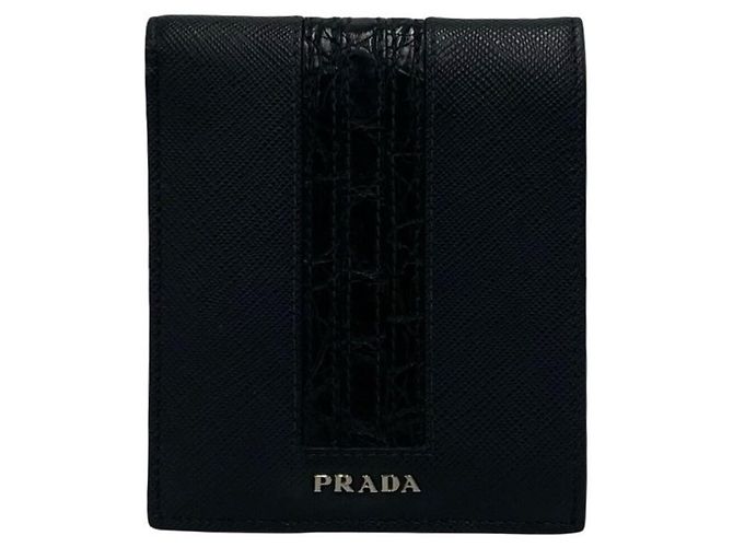 Prada Saffiano Crocodile Bi-Fold Wallet Black