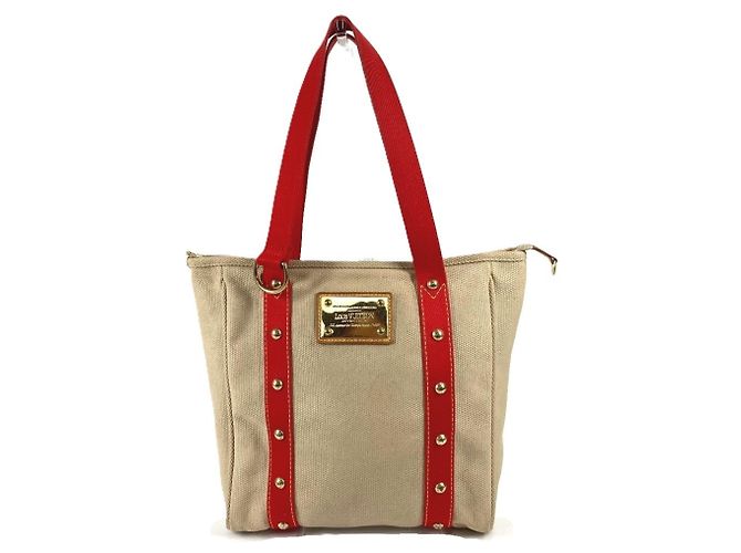 Louis Vuitton Antigua Cabas MM Tote Bag Red Beige