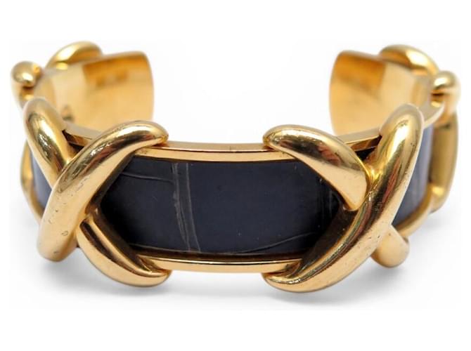 Hermès VINTAGE HERMES CROISILLONS BRACELET GOLD PLATED & POROSUS CROCODILE LEATHER BANGLE Golden 