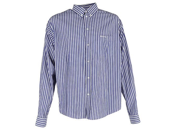 Camicia a righe in cotone blu con logo ricamato Balenciaga