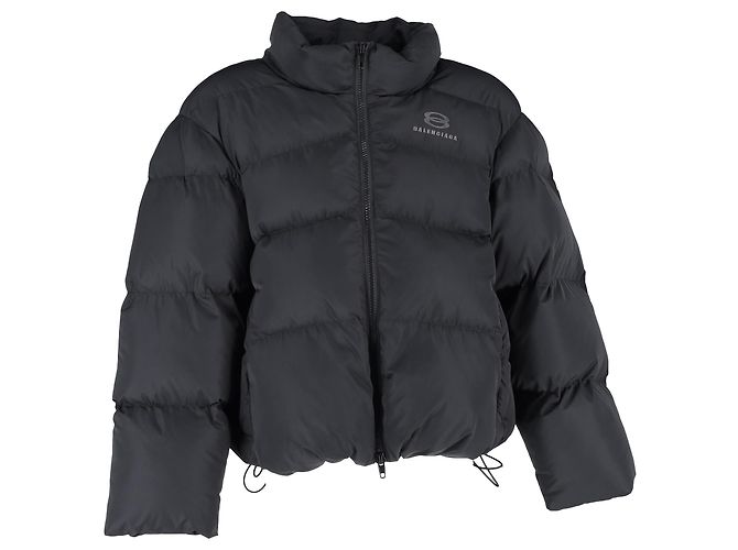 Balenciaga Logo Zip-Up Cropped Down Jacket in Black Polyester