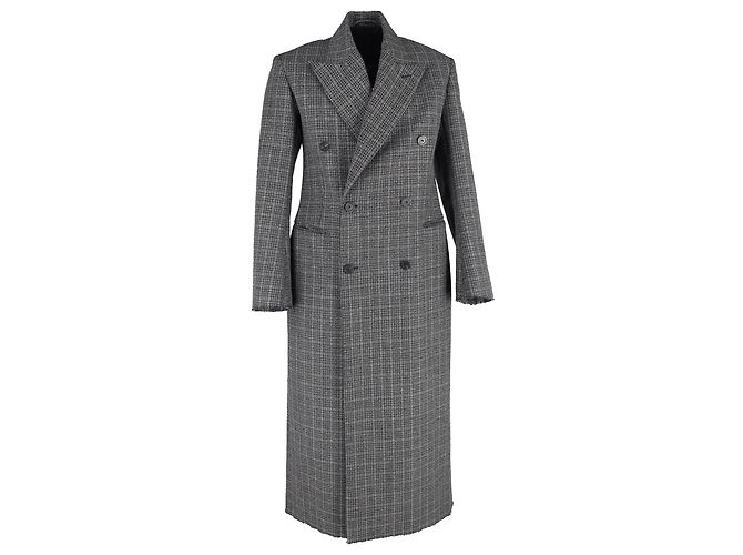 Grau kariertes Woll-Doppelreiher-Mantel von Balenciaga, lockere Passform
