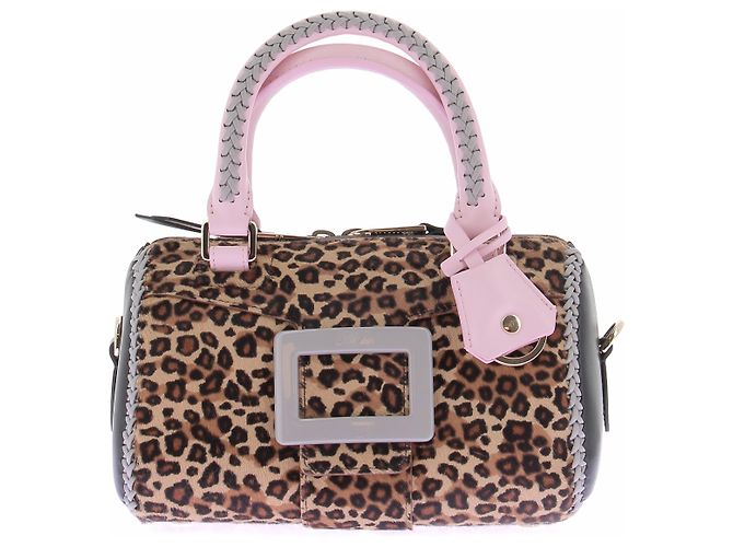 Bolsa Roger Vivier de Onça e Rosa em Couro Marrom