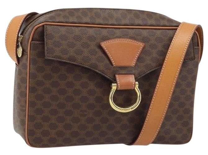 Céline Bolsa de ombro em lona Macadam CELINE em couro PVC marrom dourado Auth mr2269A