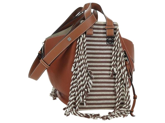 LOEWE Hammock Pequena Bolsa de Mão Lona Couro 2em1 Marrom Prata Auth BAZ780V