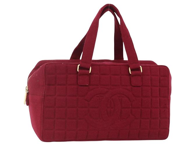 CHANEL Bolsa de Mão Choco Bar Algodão Bordeaux Ouro CC Auth BAZ870 Dourado