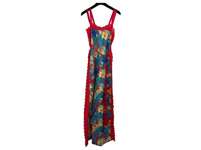 Autre Marque Macacão Estampado Tropical MIGUELINA com Acabamento em Renda Vermelho Azul Verde Amarelo