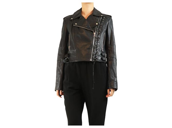 Mcq Schwarze Leder-Bikerjacke mit Schnürdetails - Größe UK 12