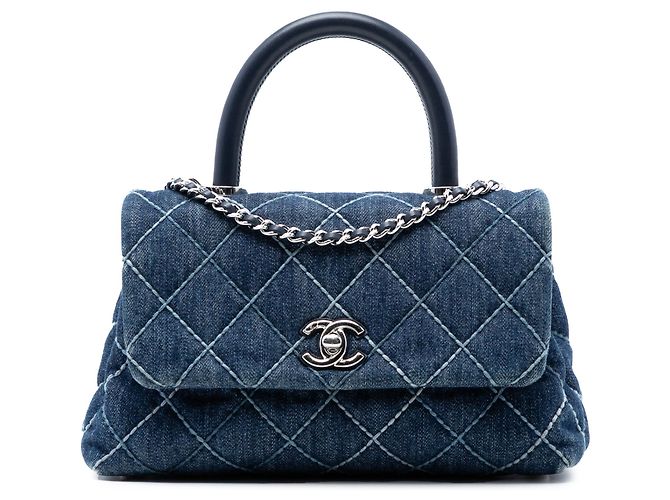 Coco Handle Chanel Blaue kleine gesteppte Denim Coco Handtasche