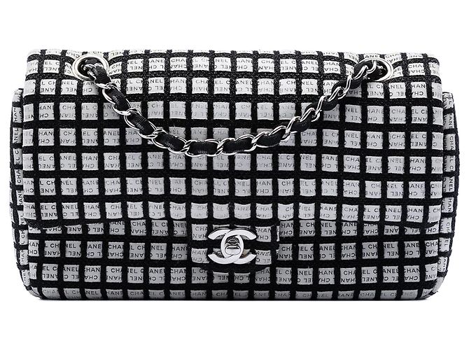Chanel Preto Médio Clássico Laço e Tweed Logo Dupla Aba