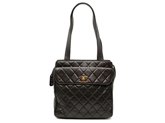 Chanel Braune CC gesteppte Lammleder Tote mit Fronttasche Dunkelbraun