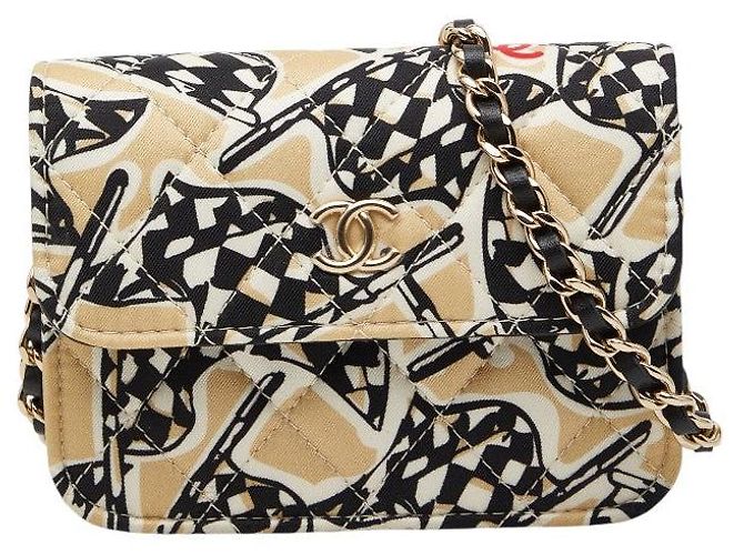 Mini borsa a spalla in cotone e pelle con motivo a scacchi Coco Mark di Chanel Marrone Beige
