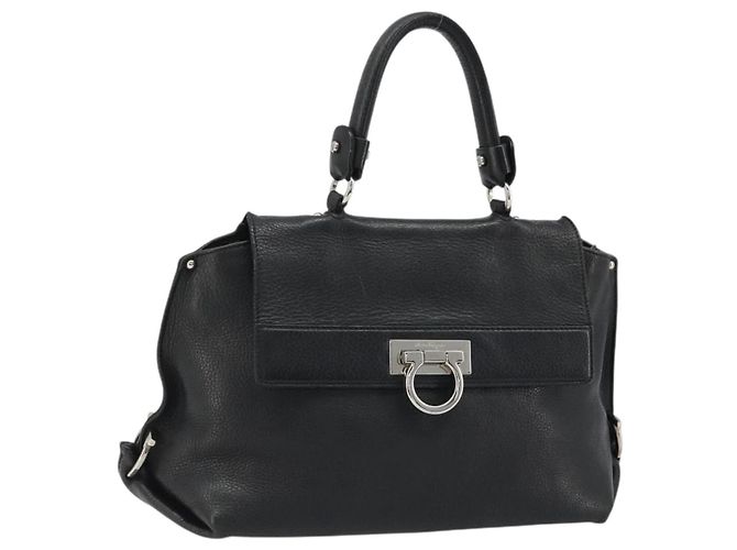 Borsa a mano in pelle nera e argento Gancini di Salvatore Ferragamo Auth bs34239 Nero