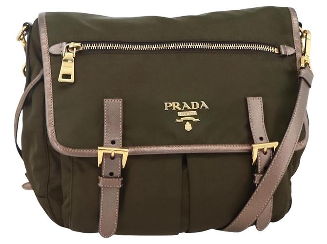 Sac à épaule PRADA en nylon kaki doré Auth mr2228
