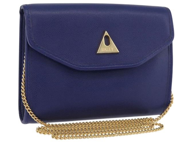 BALLY Bolsa de Ombro com Corrente Couro Azul Dourado Auth BAZ686A