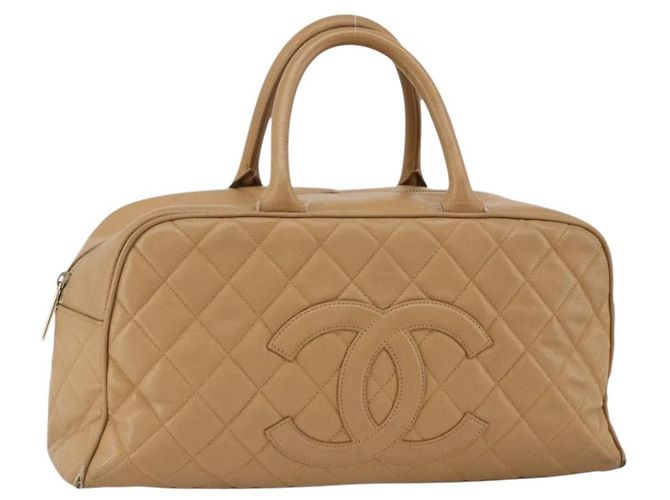 CHANEL Bolsa Boston Matelassé Couro Caviar Bege Ouro CC Auth mr2295