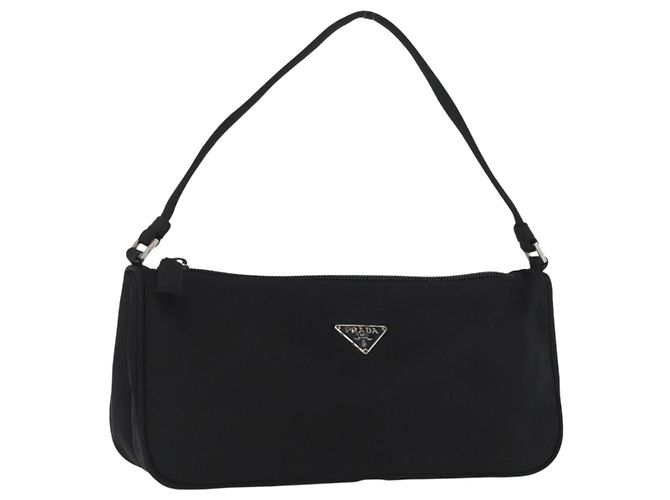PRADA Accessory Pouch Nylon Black Silver Auth YKZ871A Silvery