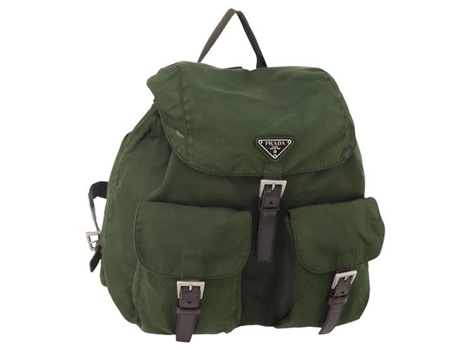 PRADA Backpack Nylon Khaki Silver Auth ARZ774 Silvery