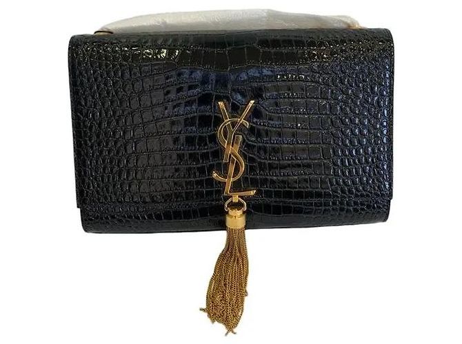 Pompom Kate Saint Laurent Kate Medium Tassel Chain Bag Schwarzes Krokodilleder