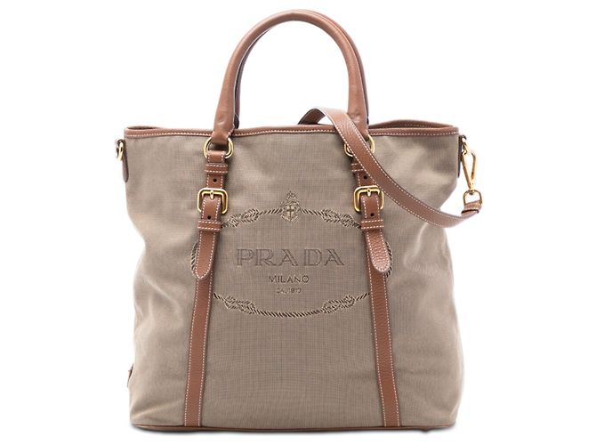 Bolsa de lona bege Canapa com logo Prada