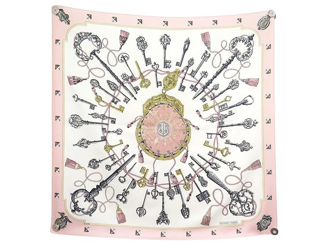 Hermès FULAR DI SETA VINTAGE HERMES LES CLES CATY LATHAM 90 ROSA