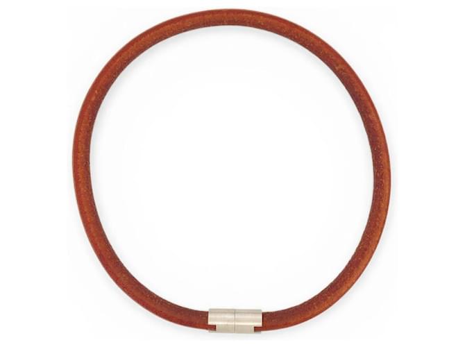 Hermès NEUF COLLIER HERMES RAS DU COU EN ACIER BROSSE CORDON CUIR CHOKER NECKLACE Marron 
