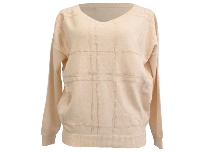 Suéter de cashmere nude com decote em V e padrão de Brunello Cucinelli Marrom Carne