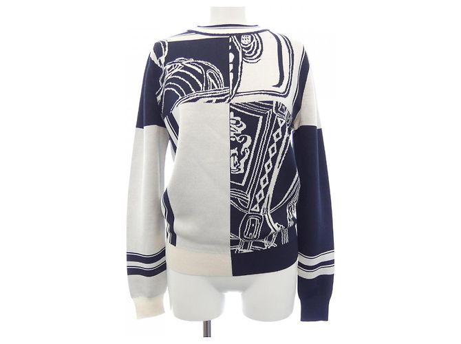 Tricô de lã Hermès 34 Branco Azul marinho