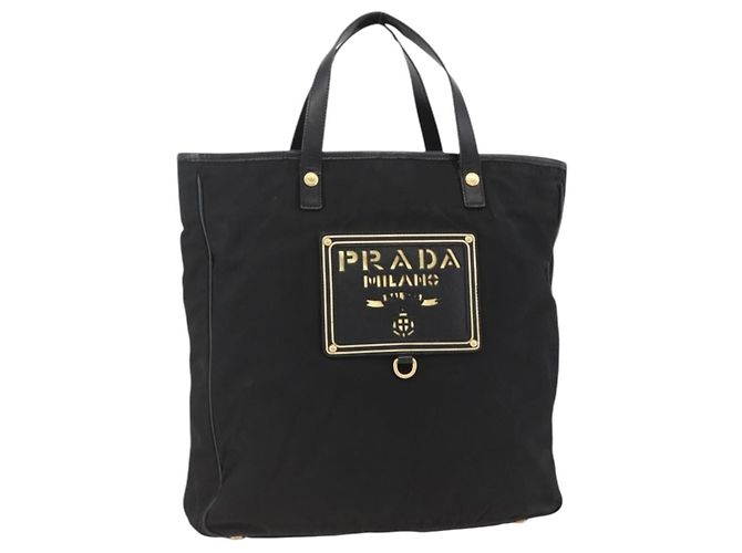 PRADA Borsa a Mano Nylon Nero Oro Auth ARZ907 D'oro