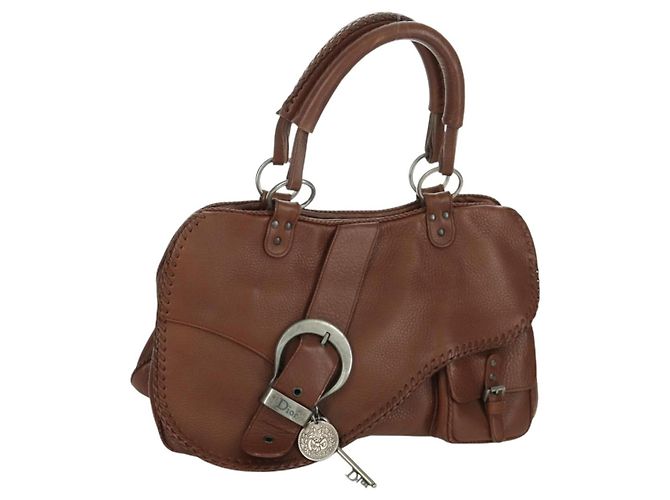 Borsa a mano in pelle marrone e argento Christian Dior Gaucho Saddle Auth BAZ225SAV