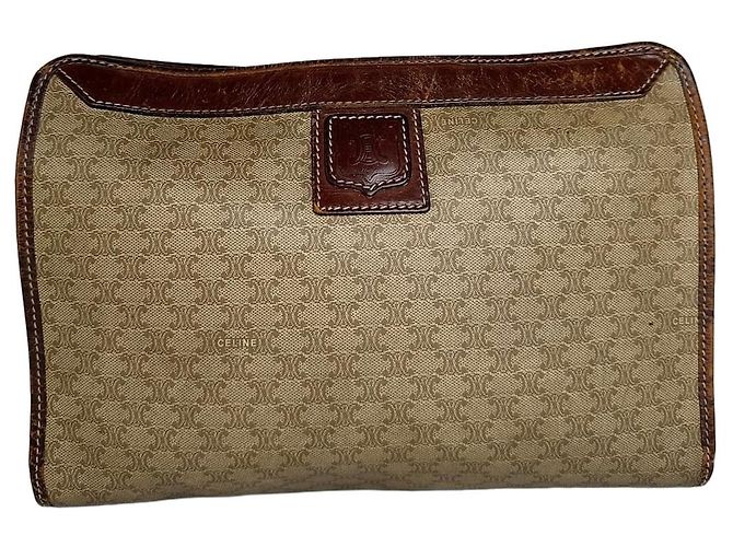 Céline Vintage Celine Paris Triomphe Monogramm Leder Clutch Beige Braun