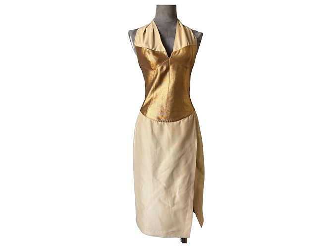 Thierry Mugler Vestido de noite dourado e bege