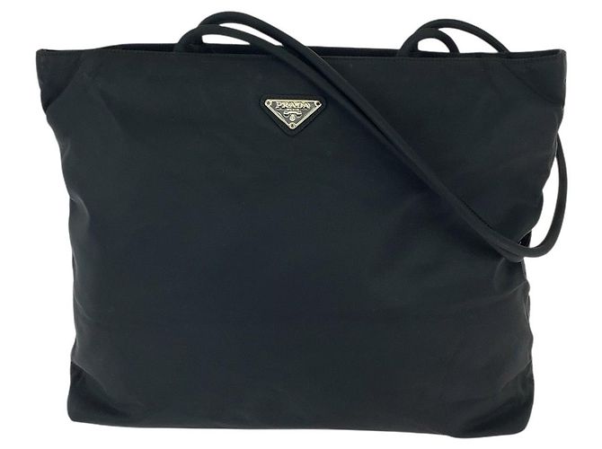 Bolso Tote de nylon tessuto con logo triangular Prada Negro