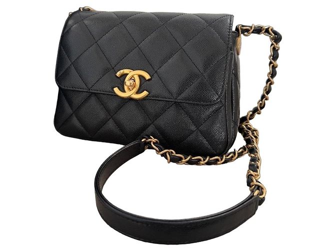 Timeless Bolsa Chanel Mini Flan Preta de Couro Preto