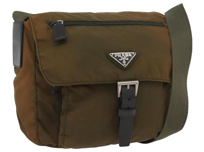 PRADA Schultertasche Nylon Khaki Silber Authentisch 174613
