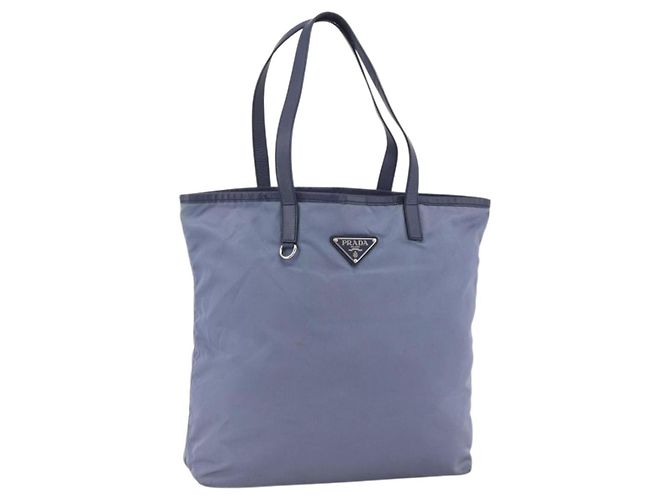 PRADA Tote Bag Nylon Leather Light Blue Silver Auth 174547 Silvery