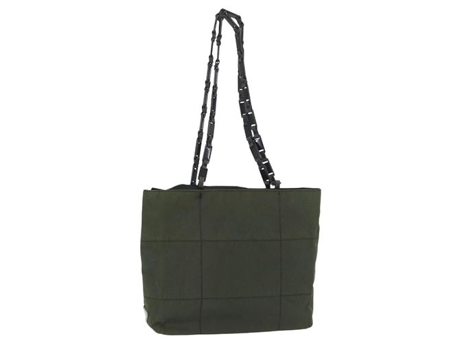 Tote PRADA Plastikkettentasche Nylon Khaki Silber Auth 174554