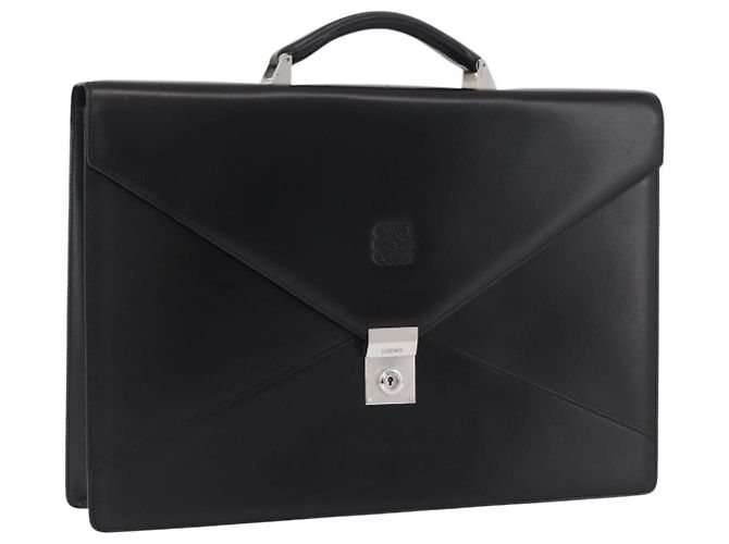 LOEWE Business Bag Leather Black Silver Auth BAZ175 Silvery