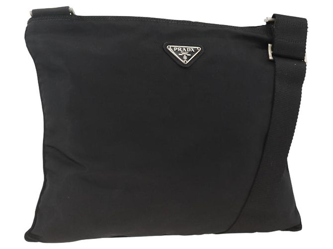 PRADA Schultertasche Nylon Schwarz Silber Authentisch BAZ203A