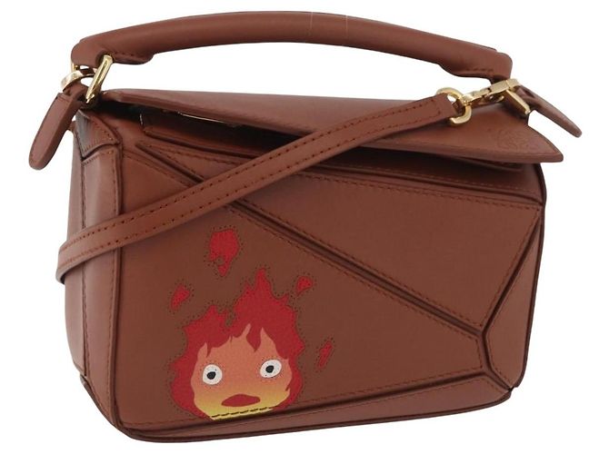 LOEWE - Bolsa Puzzle Calcifer Mini de Studio Ghibli em couro 2 em 1 Auth 167156SM Marrom Dourado