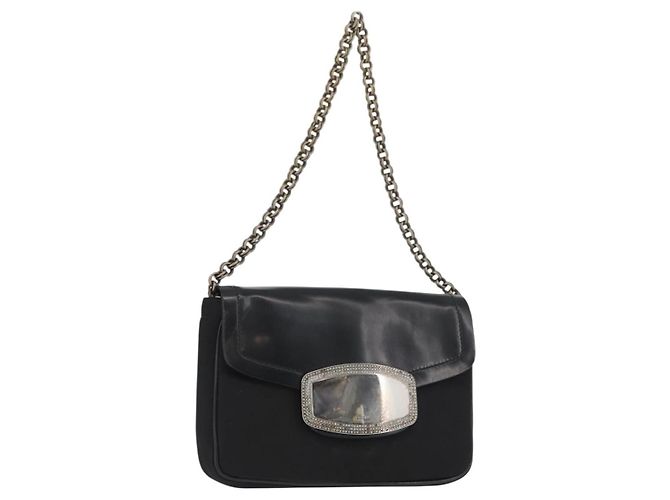 PRADA Chain Shoulder Bag Nylon Black Silver Auth BAZ748A Silvery