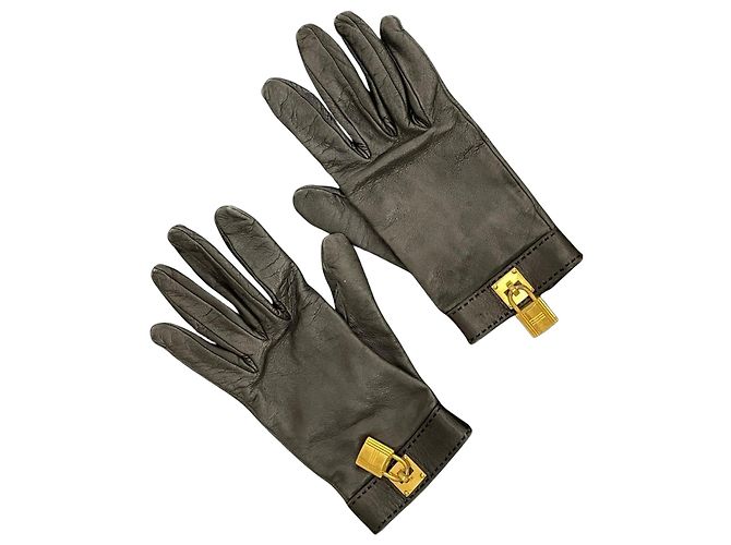 Hermès Schwarze Lederhandschuhe Kelly Lock Größe 6 1/2