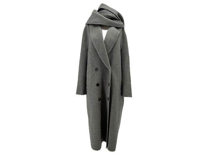 Autre Marque Abrigo largo gris con bufanda de lana y cachemira